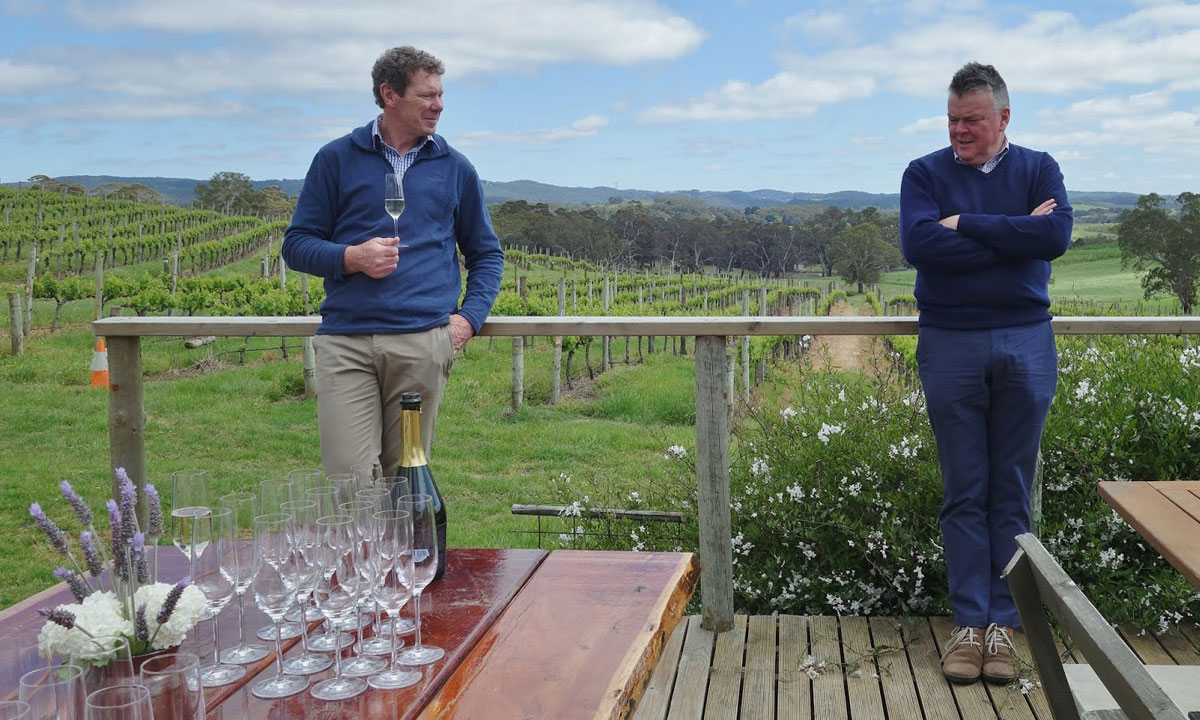Nick Walker and David O'Leary in the Oakbank Pinot and Chardonnay vineyard. Photo: Philip White
