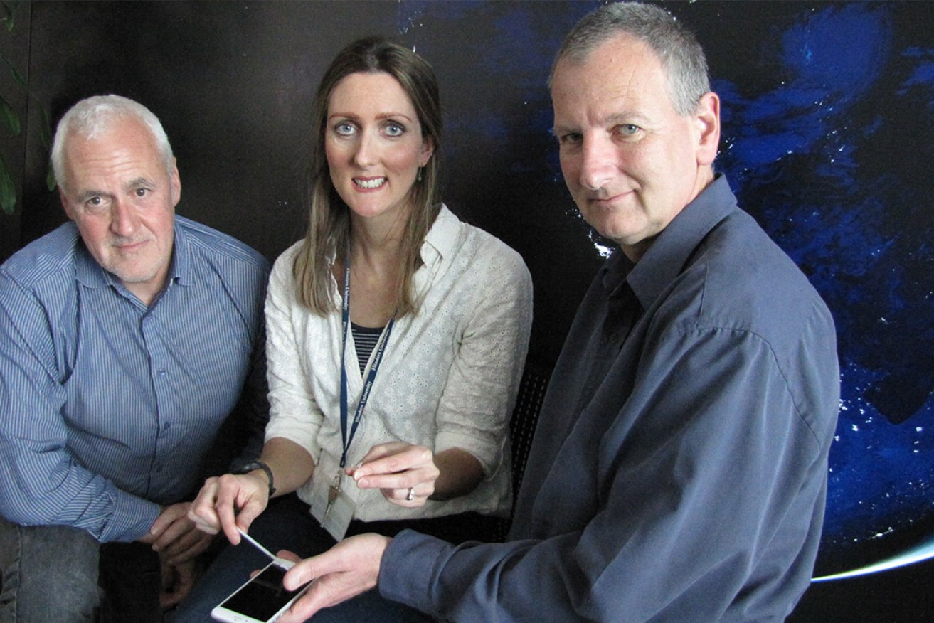 Associate Professor Sandy Walker, PhD candidate Jennifer Templeton and Professor Adrian Linacre with the Micro-Swab prototype at Flinders at Tonsley. 