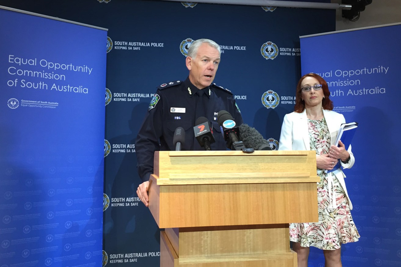SA Police Commissioner Grant Stevens and Commissioner for Equal Opportunity Dr Niki Vincent addressing the media this morning. Photo: Bension Siebert/InDaily