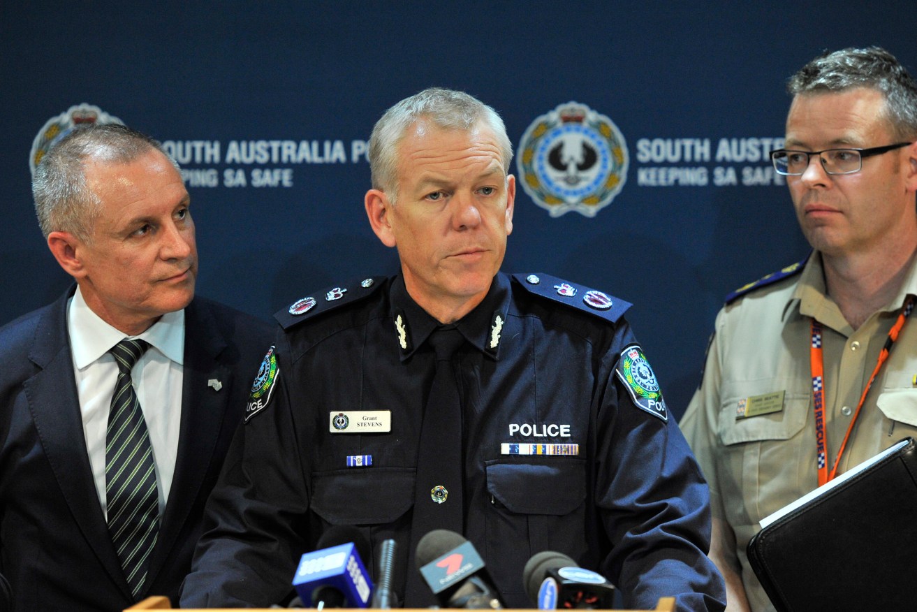 Premier Jay Weatherill, police commissioner Grant Stevens and SES chief Chris Beattie addressing media during September's statewide blackout. Photo: David Mariuz / AAP