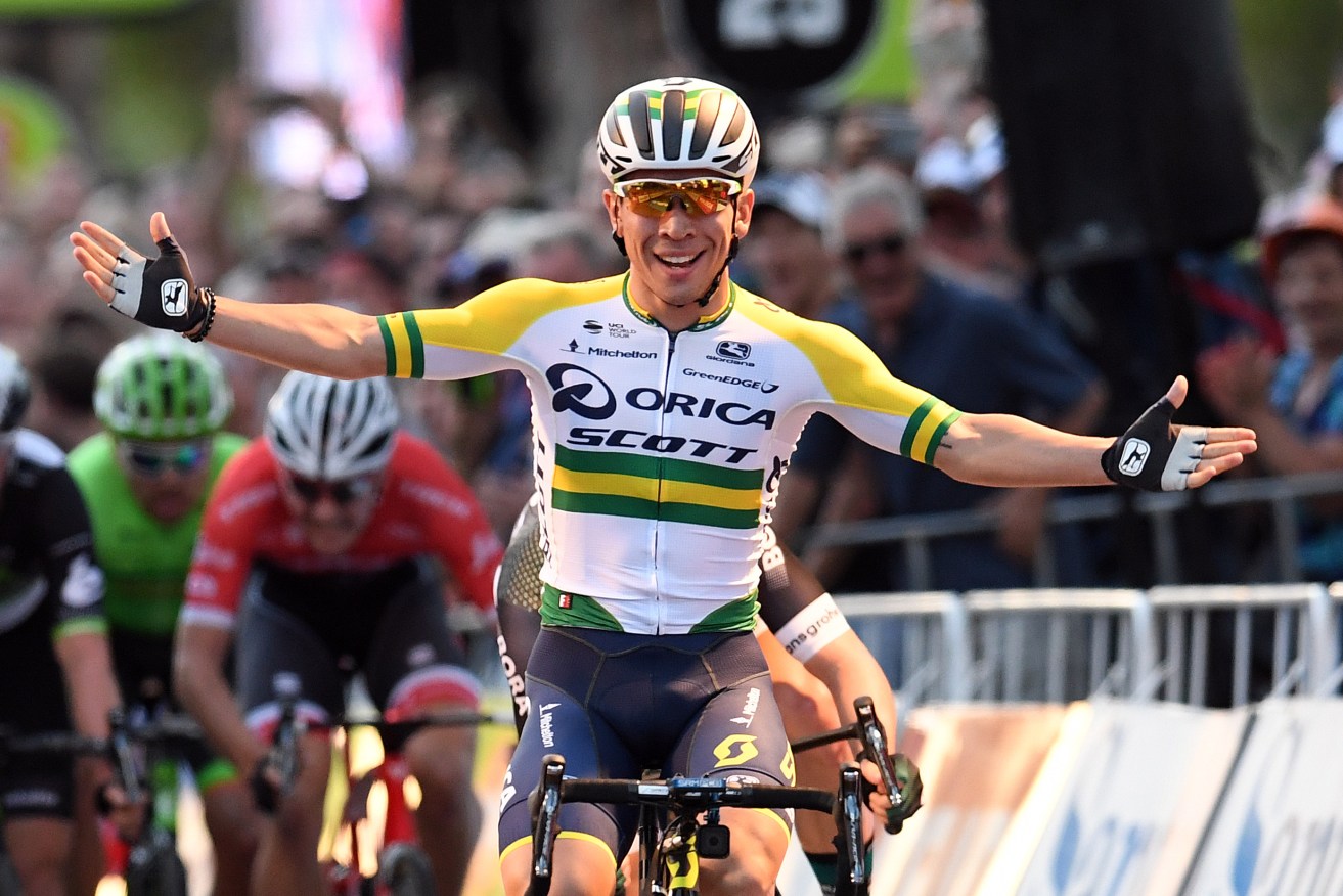 Caleb Ewan of team Orica-Scott (AUS) celebrates winning the People's Choice Classic at the Tour Down Under in Adelaide yesterday. Photo: Dan Peled / AAP