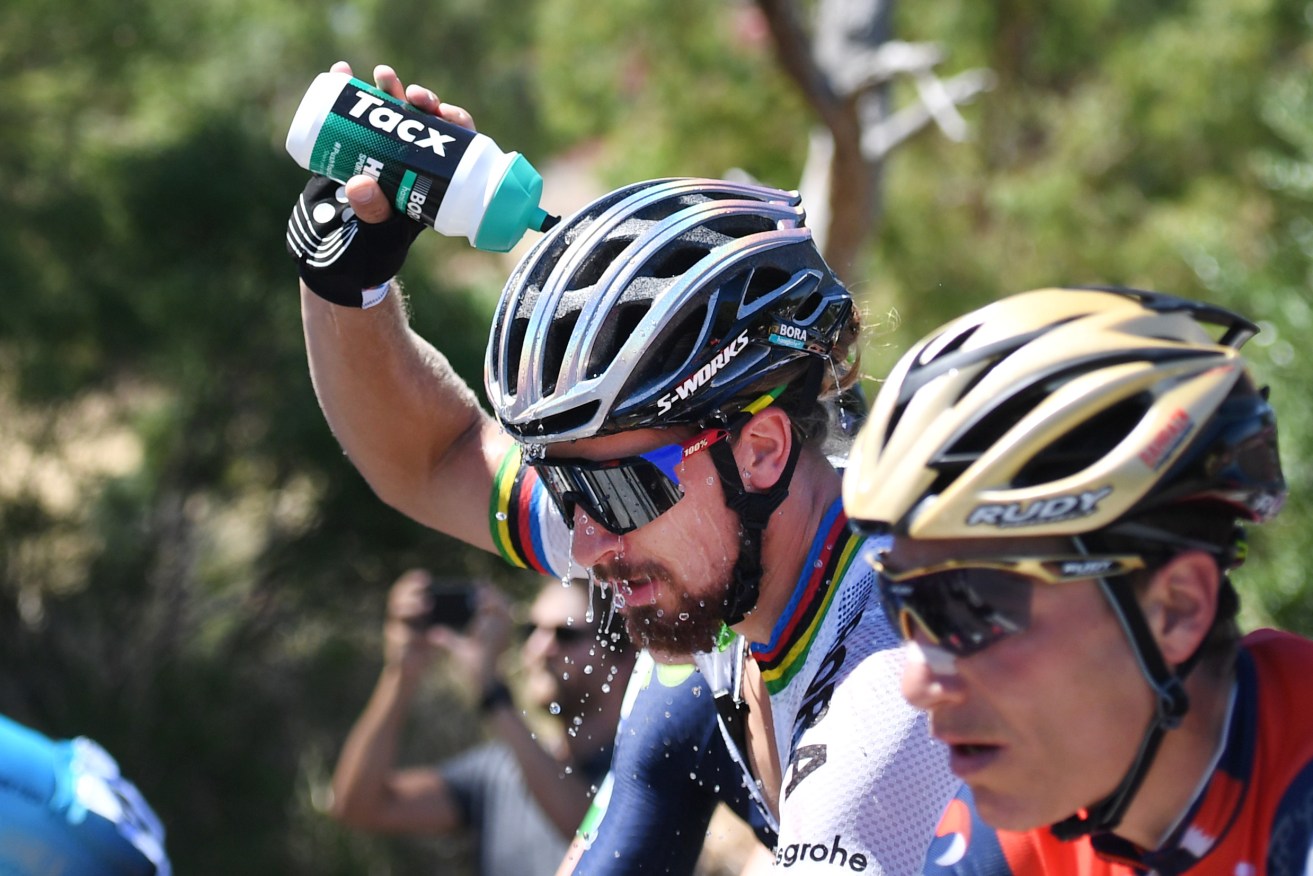 World Champion Peter Sagan cools himself down during stage one of the Tour Down Under. Photo: Dan Peled / AAP
