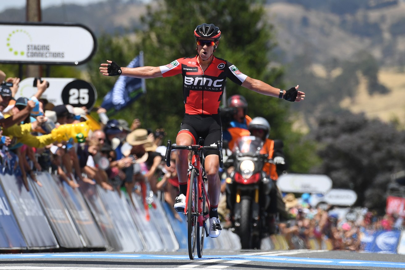 Richie Porte celebrates winning stage two of the Tour Down Under in Paracombe. Photo: Dan Peled / AAP