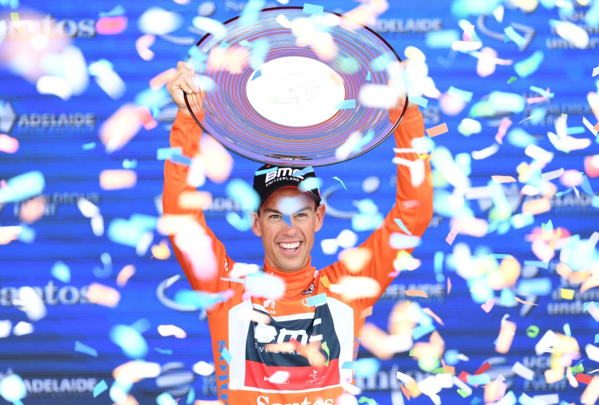 Australian Richie Porte of team BMC Racing celebrates winning the Tour Down Under in Adelaide, Sunday, Jan. 22, 2017. (AAP Image/Dan Peled) NO ARCHIVING, EDITORIAL USE ONLY