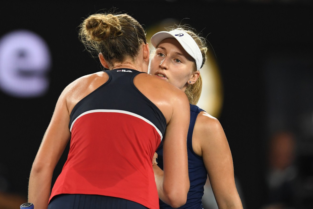 Daria Gavrilova congratulates Karolina Pliskova on her round four win. Photo: Tracey Nearmy / AAP