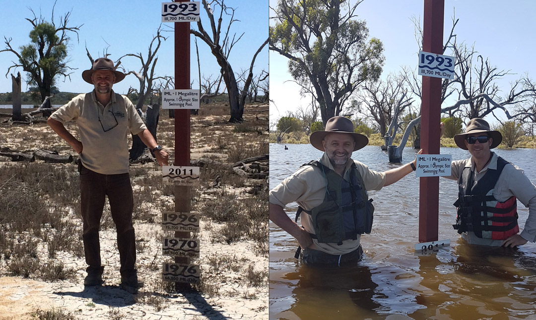 Banrock Station wetland manager Christopher Tourenq by Banrock Station's flood ladder on January 6 (left) and with Tim Field by the flood ladder at the peak on December 20.