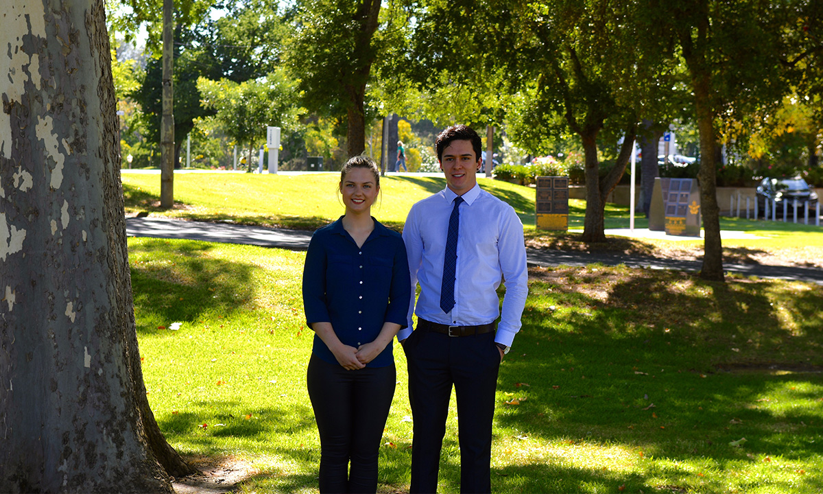 Flinders International Business students Samantha Oxford and Tom Herde at the Torrens Parade Ground in Adelaide before leaving for Italy this month. 