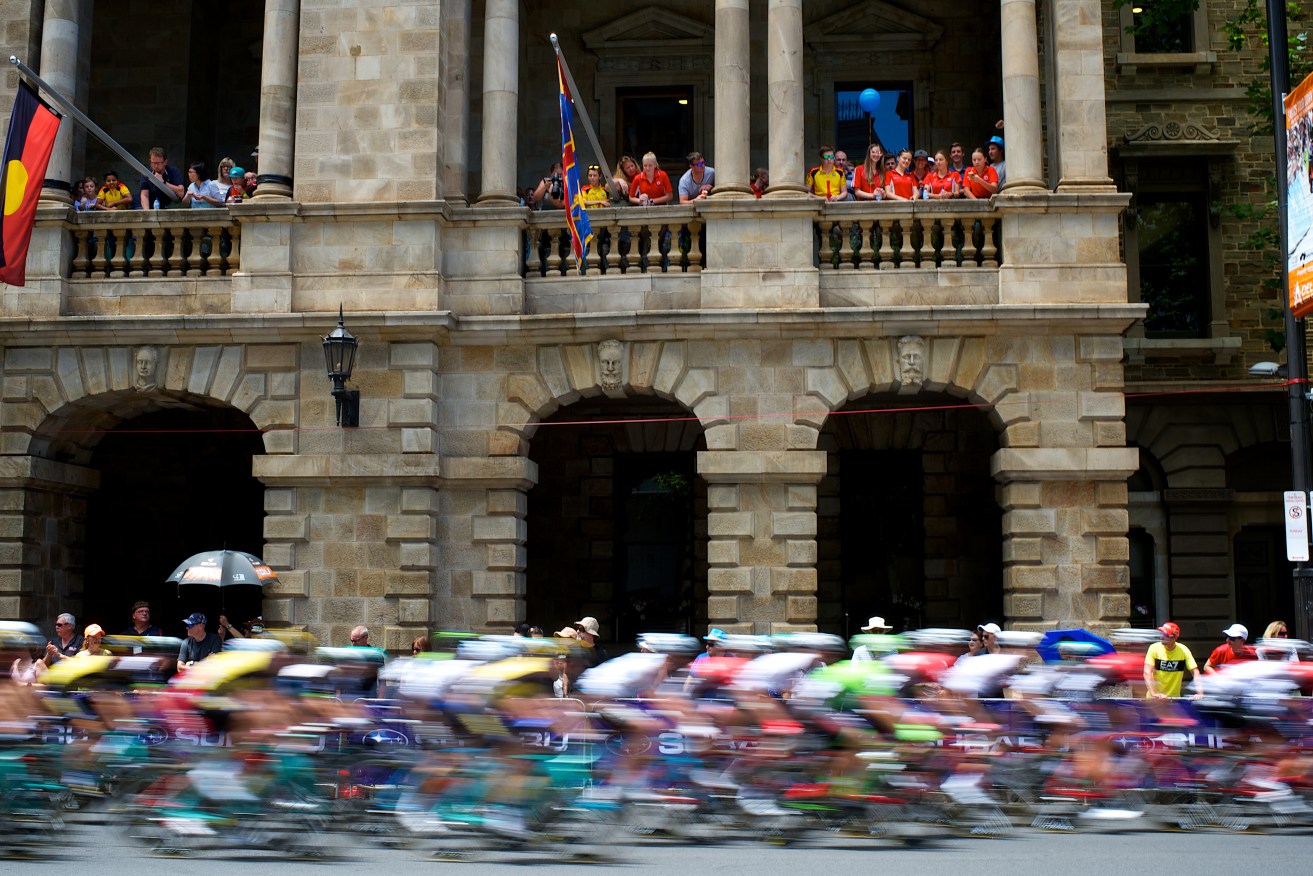 Some of SA's best young cyclists watched the Tour's final stage from the balcony of Adelaide Town Hall. Photo: Michael Errey / InDaily
