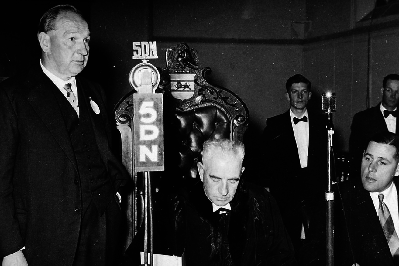 Premier Tom Playford (left) in Gawler in 1957 to switch on the Murray Street lights. Photo: Flickr/Gawler History