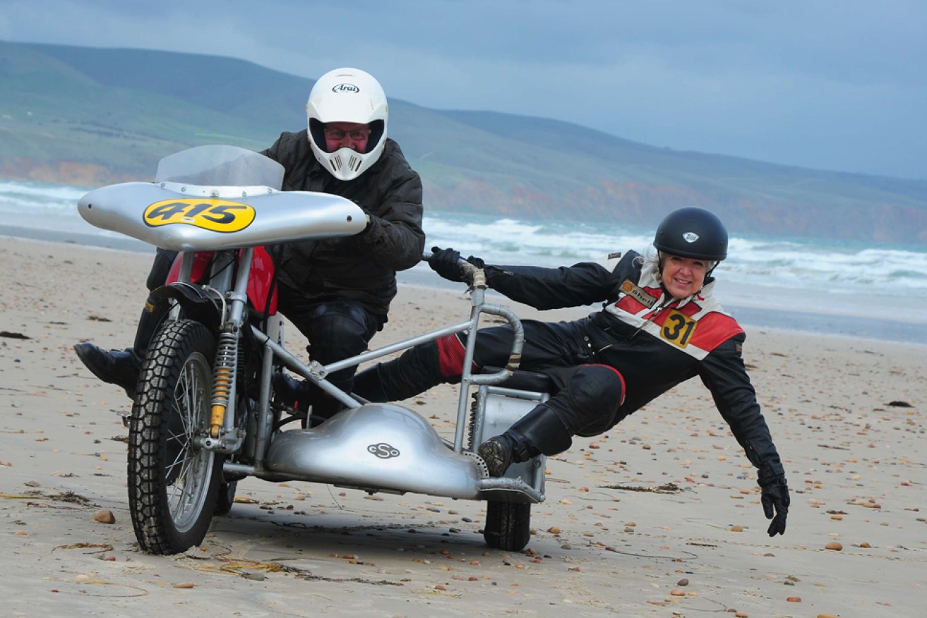 Murray Williams and Carol Tune practice for the return of motorcycle racing to Sellicks. Photo: Peter Hennekam