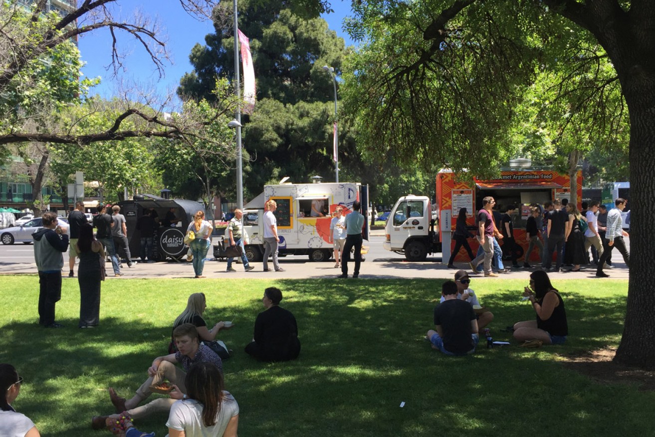 A crowd of food truck customers in Hindmarsh Square. Photo: Bension Siebert / InDaily