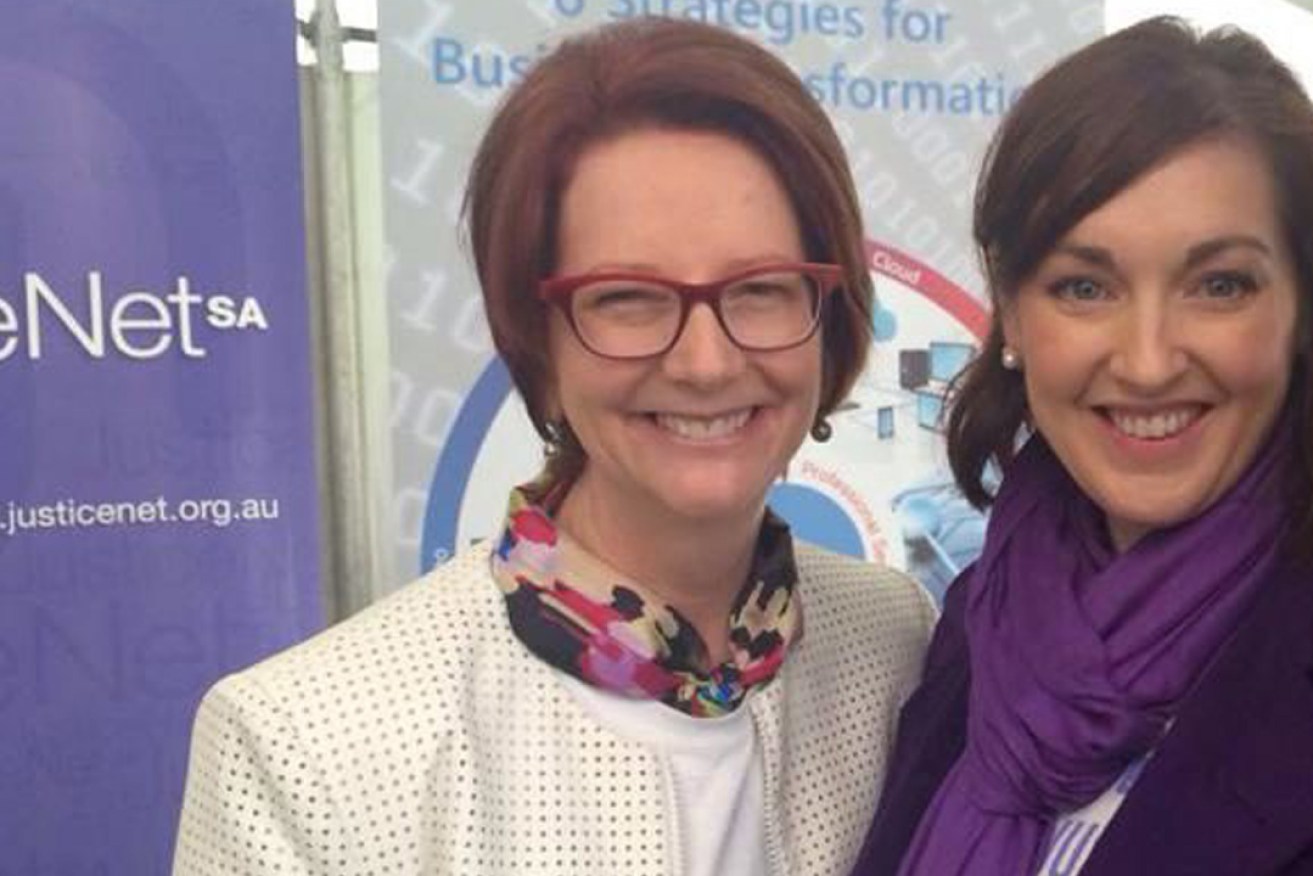 Jayne Stinson, pictured with her former boss Julia Gillard, has quit Channel 7 to stand for Badcoe. Photo: Facebook