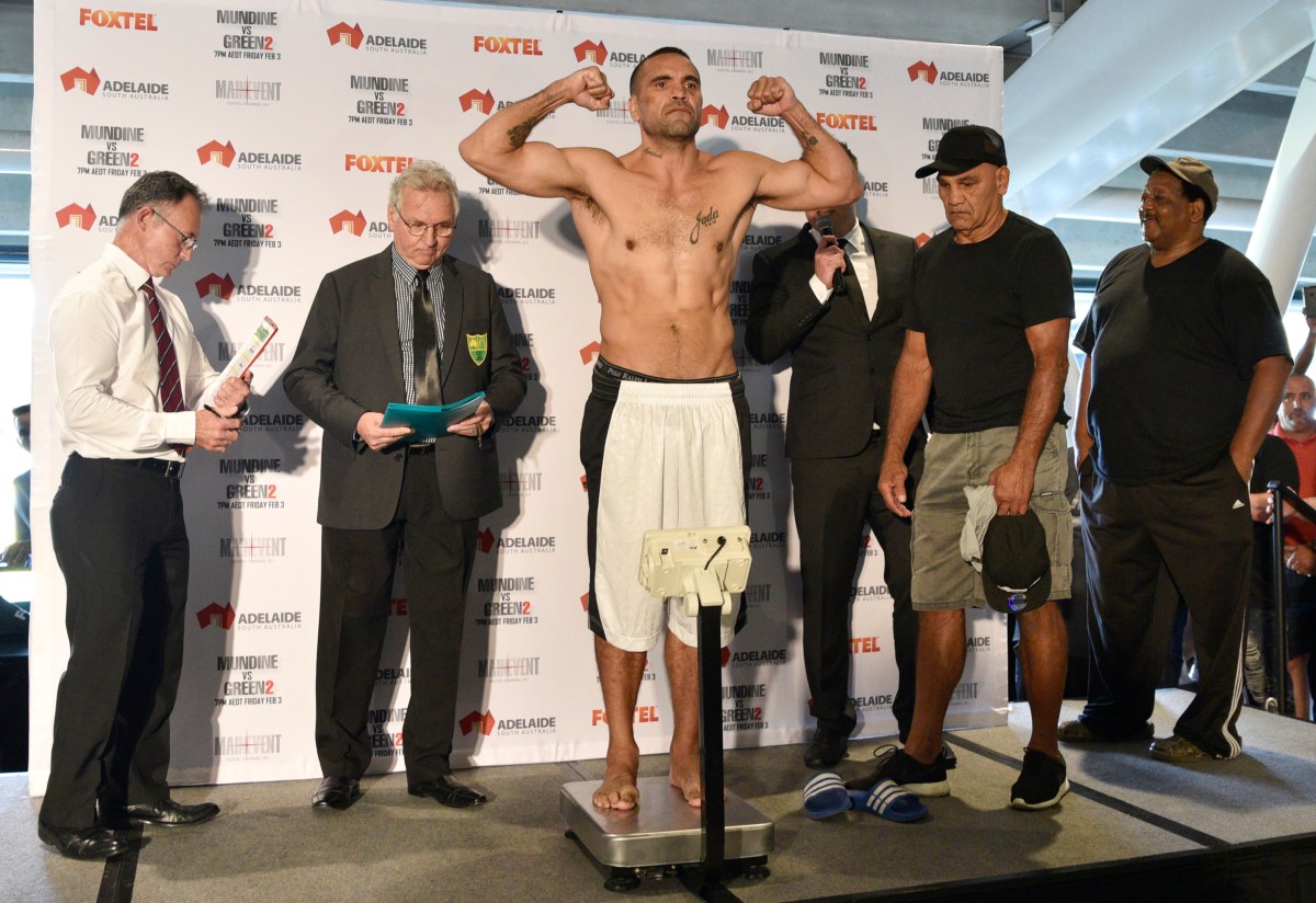 Boxer Anthony Mundine at the official weigh-in at the Adelaide oval in Adelaide, Thursday, Feb. 2, 2017. Danny Green and Anthony Mundine have both made the weight for Friday night's fight in Adelaide. (AAP Image/David Mariuz) NO ARCHIVING, EDITORIAL USE ONLY