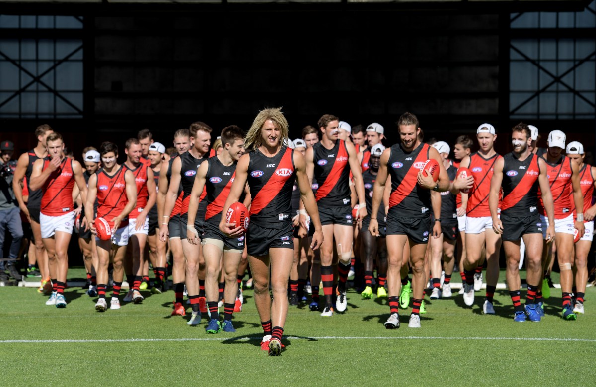 New captain Dyson Heppell and Essendon's 2017 leadership group at training today. Photo: Tracey Nearmy / AAP