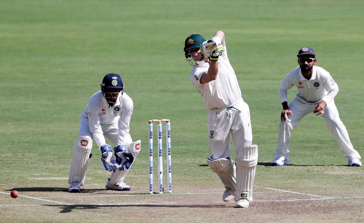 Australia's captain Steve Smith bats during third day of the first cricket test match against India in Pune, India, Saturday, Feb. 25, 2017. (AP Photo/Rajanish Kakade)
