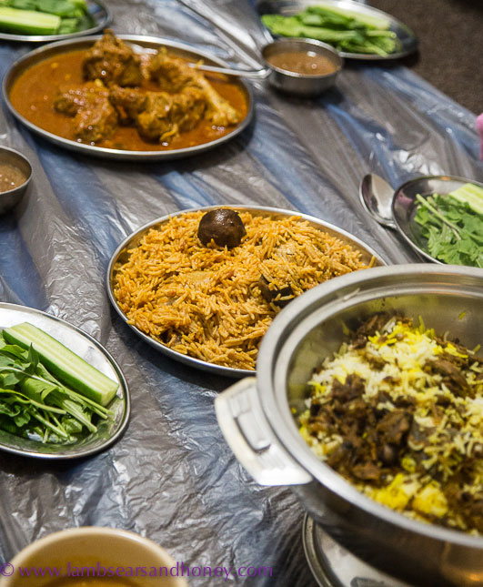 A family meal of lentil soup, Emirati Chicken Machboos, a meat stew called Laham Salona, Tahta Malleh a preserved salted tuna dish – all served with saffron rice. Photo: Amanda McInerney