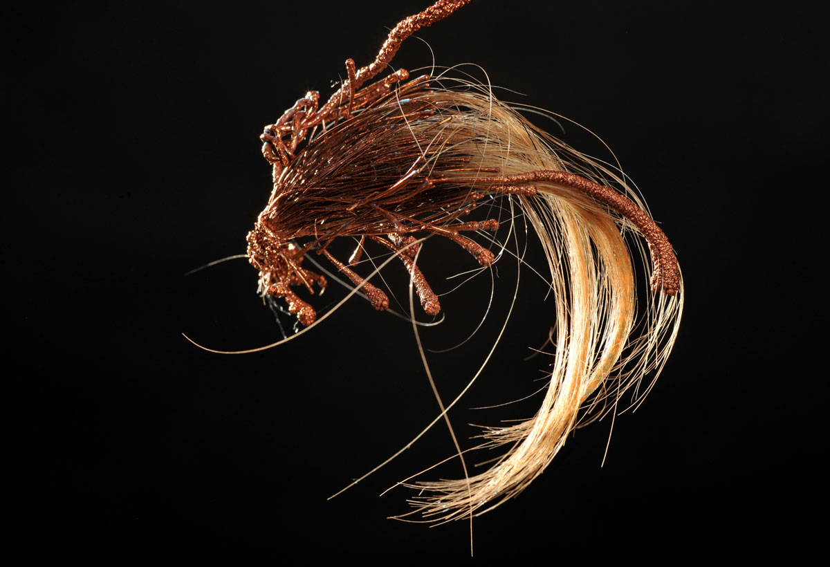 Gail Hocking (masters candidate), A Quiet Disturbance - Transmuted State of Being, Series #1, 1.1, Copper, electrodeposition, artist’s hair, 10cm x 4cm. Photo: Peter Stephens, Nu Image 