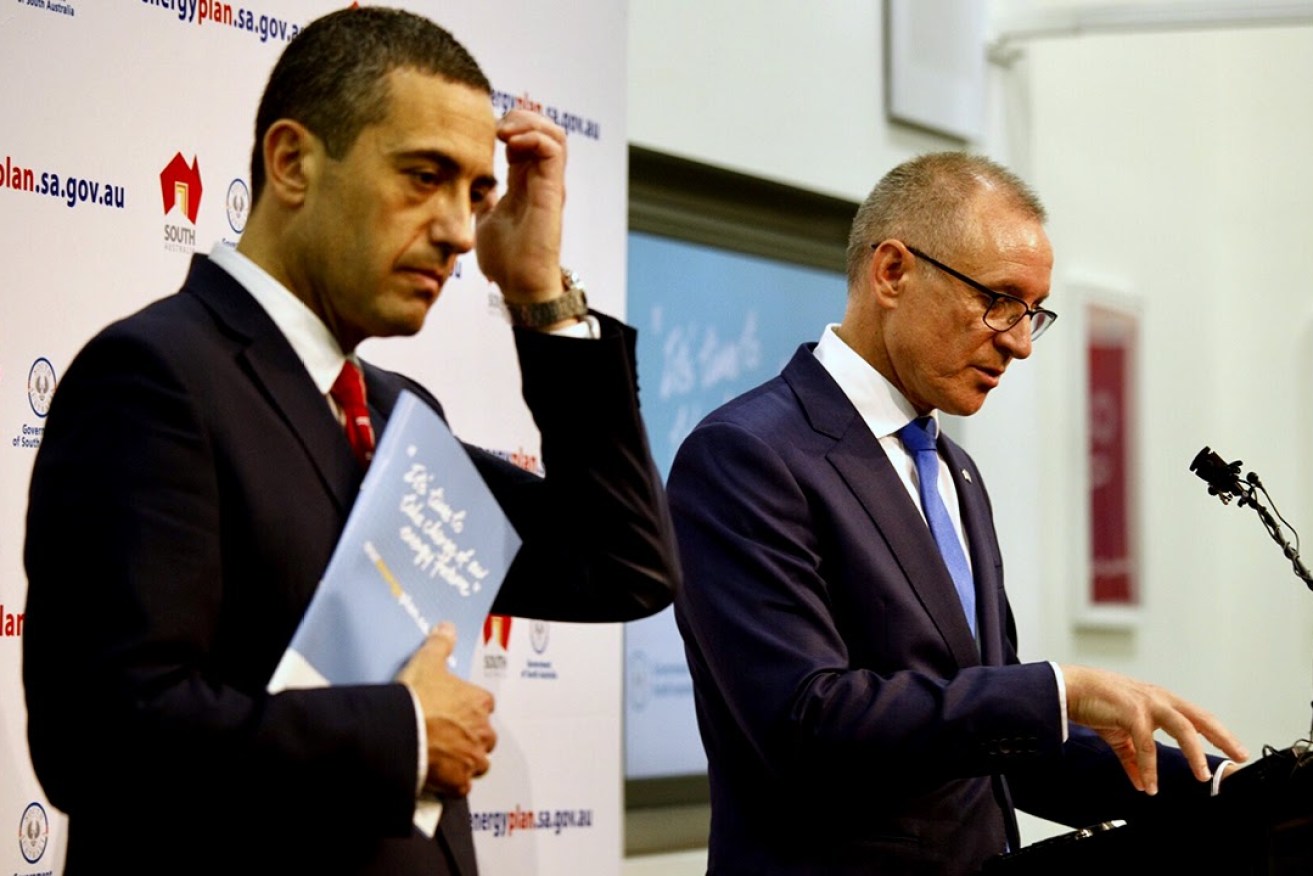 Energy Minister Tom Koutsantonis and Premier Jay Weatherill announcing their energy plan. Photo: Tony Lewis/InDaily
