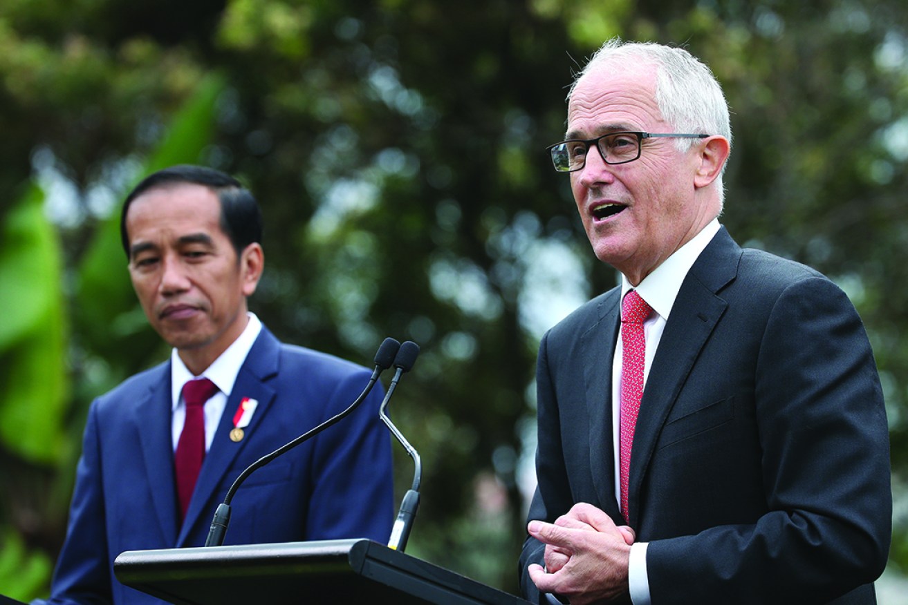 Australian Prime Minister Malcolm Turnbull (right) speaks as Indonesia President Joko Widodo looks on during a media conference in the gardens of Kirribilli House in Sydney. David Moir/AAP