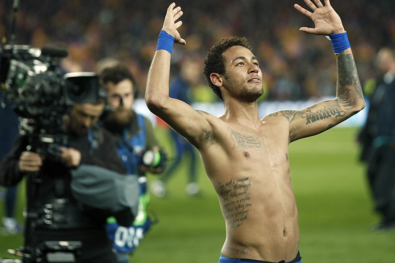 Barcelona's Brazilian striker Neymar Jr. celebrates the 6-1 UEFA Champions League victory. Photo: Andreu Dalmau / EPA