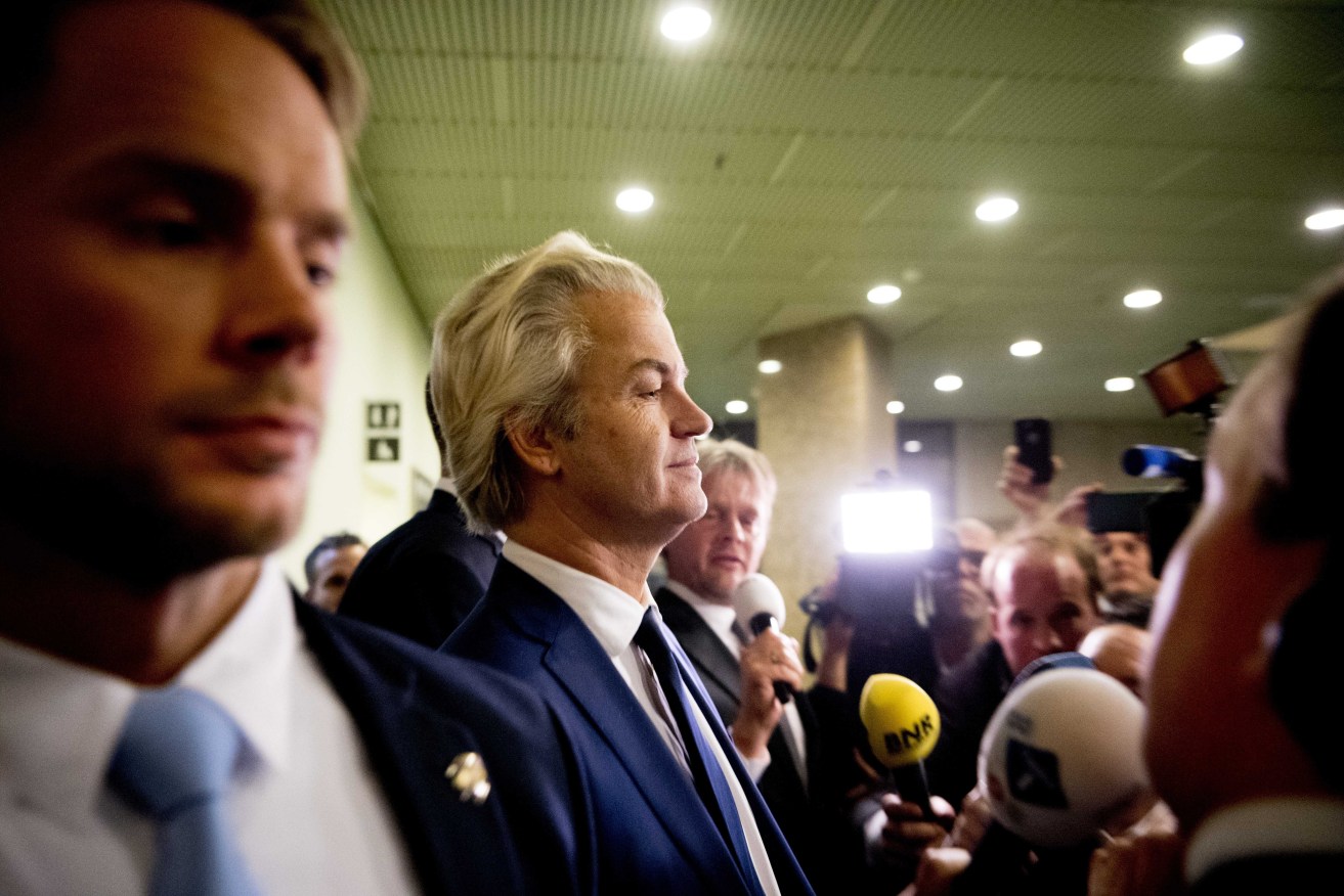 Geert Wilders reacts to the election results in The Hague. Photo: EPA/Robin Utrecht