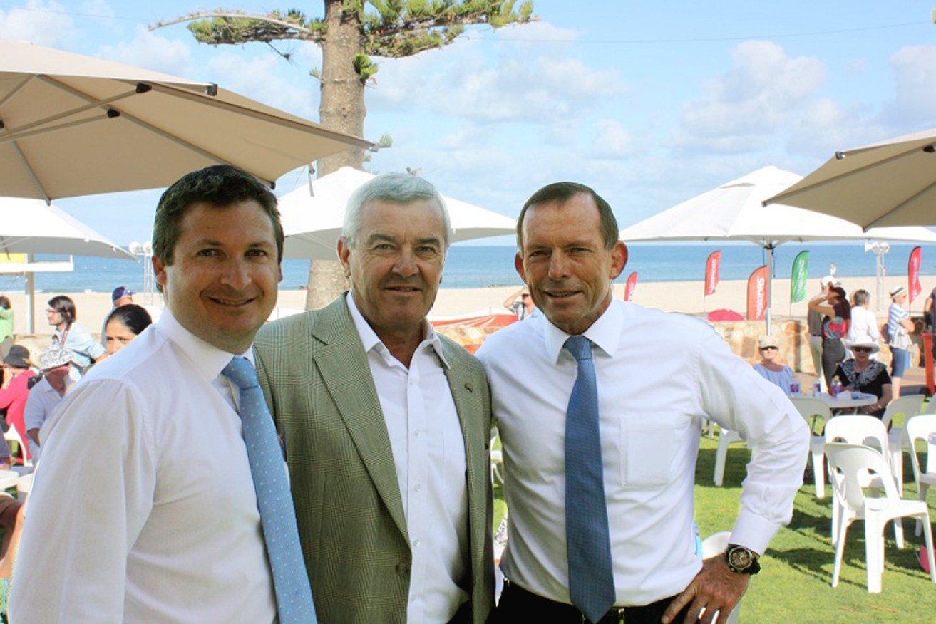 BAY OF BLOOD: Matt Williams (right) with Duncan McFetridge and former PM Tony Abbott in Morphett. Williams will take on incumbent McFetridge in a preselection coup. Photo: www.duncanmcfetridge.com