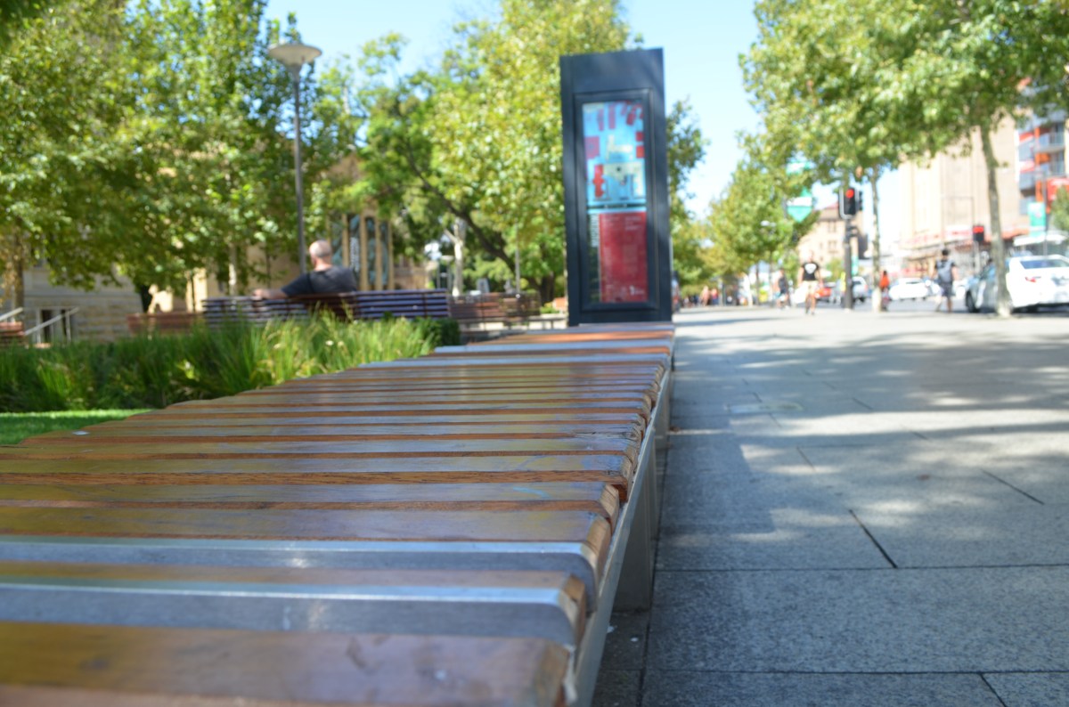 Metal strips protrude from these North Terrace public benches.