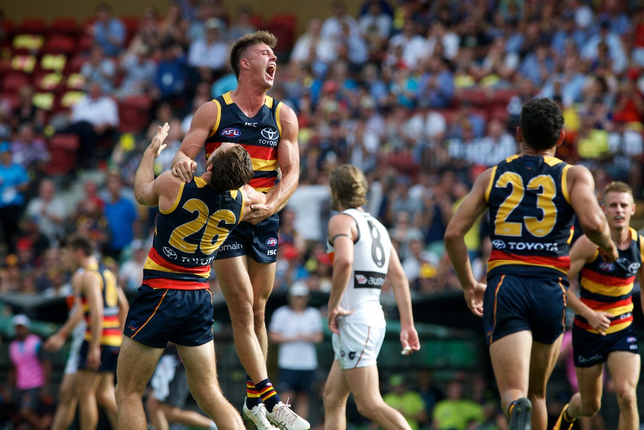 Riley Knight wasn't supposed to play, but he ended up kicking two goals in Adelaide's rout of GWS, a late inclusion for injured skipper Tex Walker. Photo: Michael Errey / InDaily