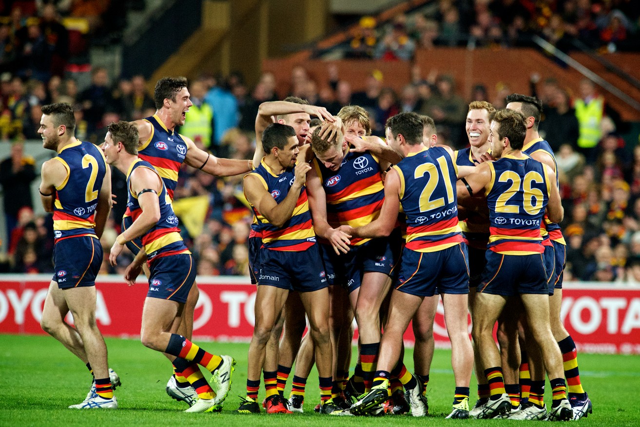 IN THE RED...NAVY AND GOLD: The Crows celebrate, on-field and off. Photo: Michael Errey / InDaily