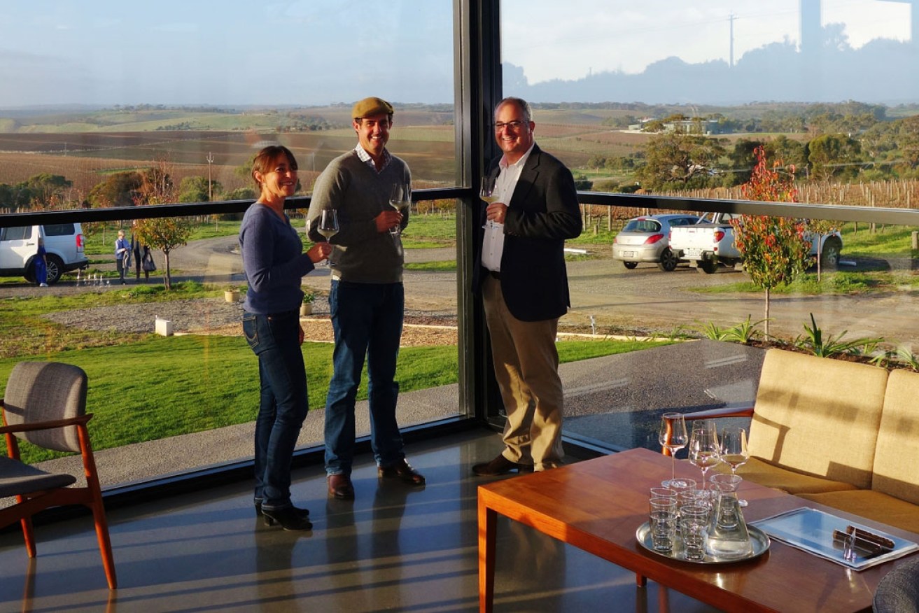 Emmanuelle and Toby Bekkers in their tasting room with MP Leon Bignell. Photo: Philip White