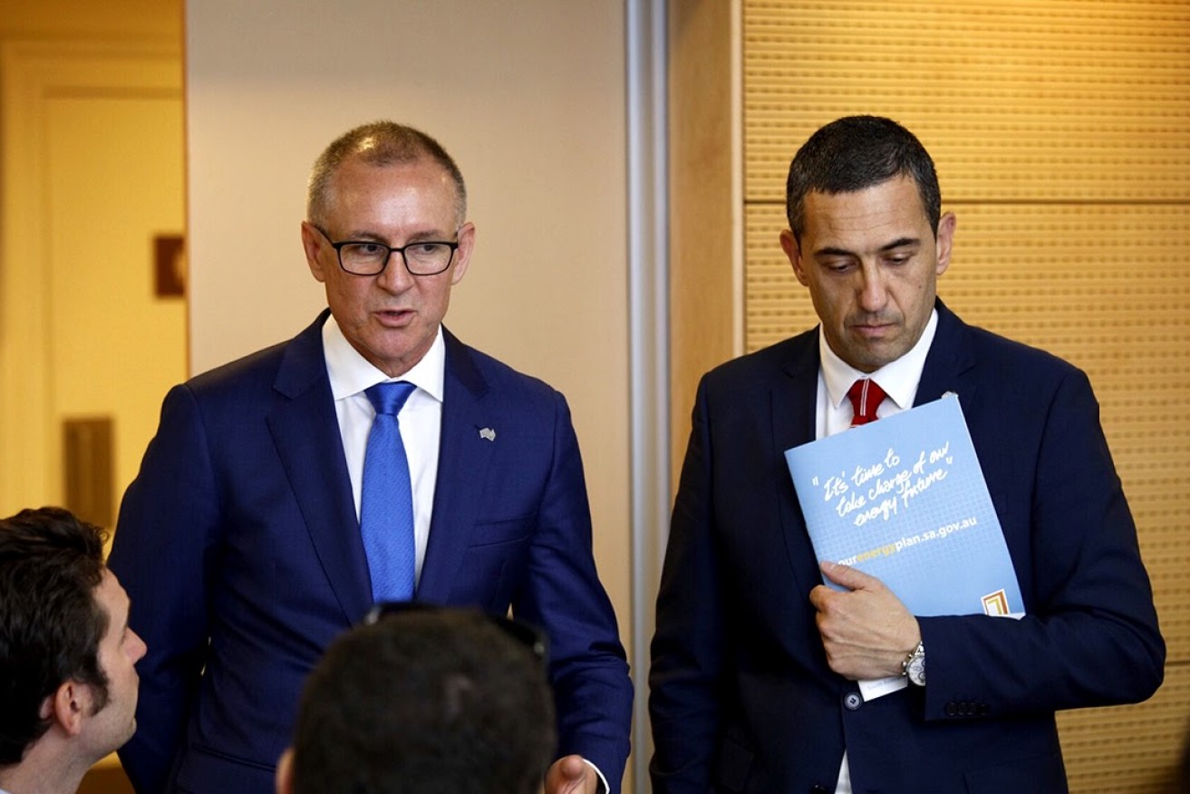 Premier Jay Weatherill and Energy Minister Tom Koutsantonis announcing their electricity plan. Photo: Tony Lewis/InDaily