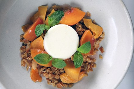Yoghurt Bavarois with Peach Compote and Fruit Granola