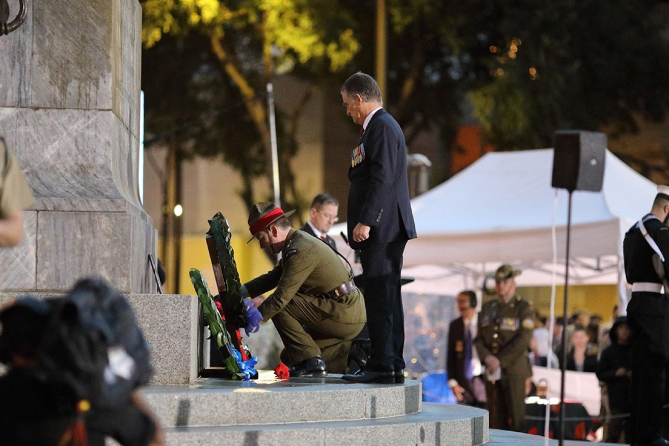 Dignitaries, including RSL president Tim Hanna, attend the National War Memorial on North Terrace on Anzac Day each year, but the RSL is fighting to save its Virtual Memorial. Photo Tony Lewis / InDaily