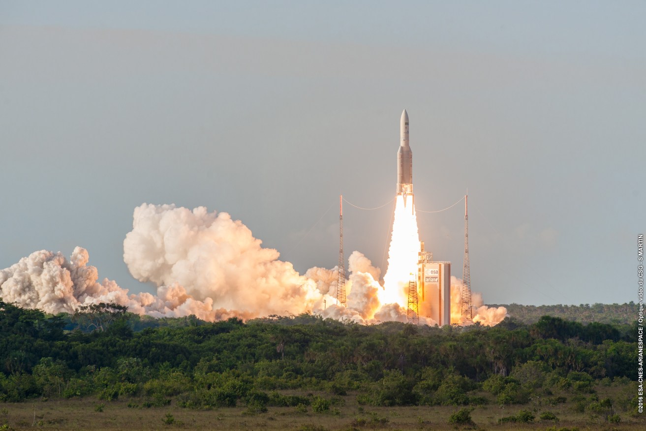 A rocket carrying the NBN's Sky Muster II satellite being launched at the Guiana Space Centre in South America in 2016. Supplied image