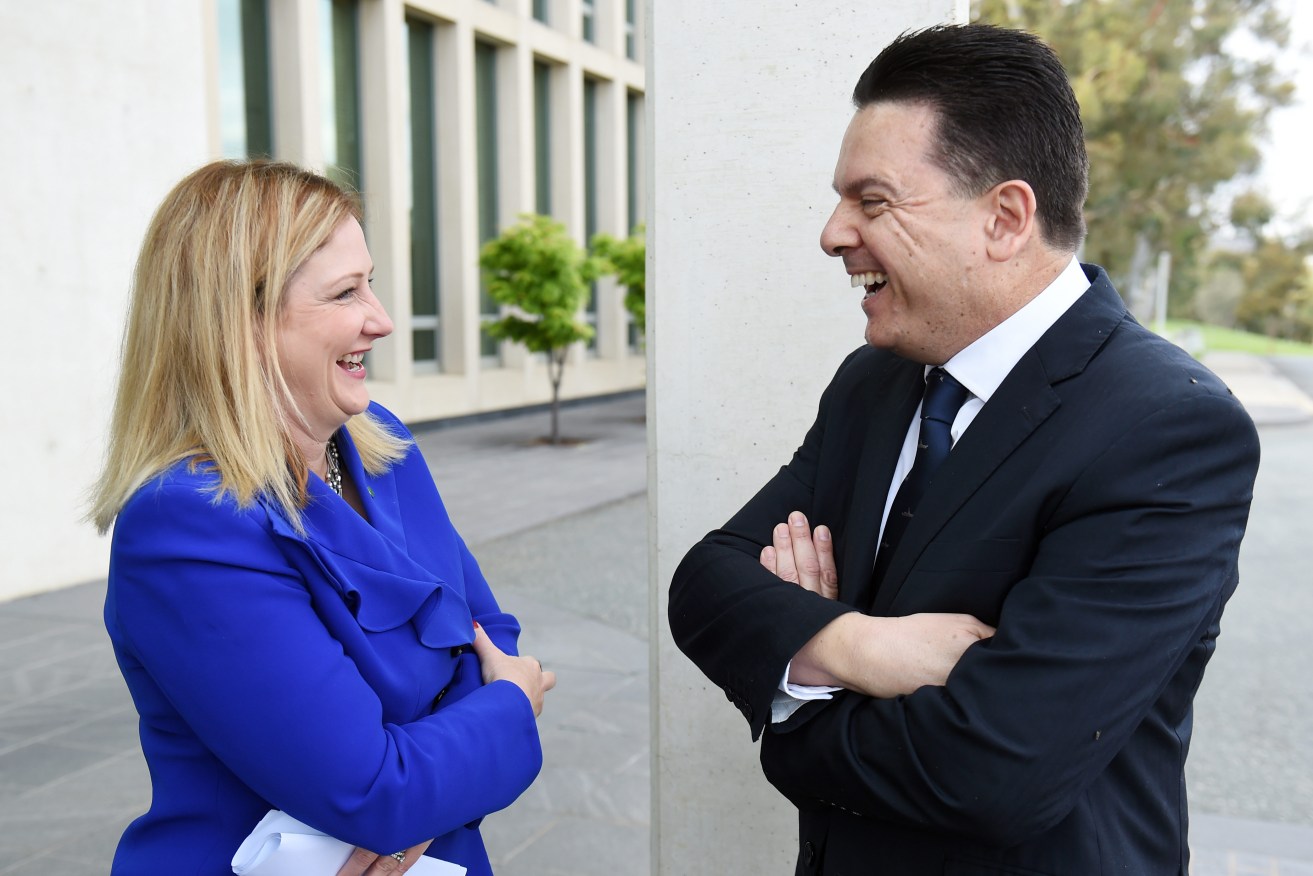 Rebekha Sharkie, with Team leader Nick Xenophon in Canberra, has hired local councillor Andrew Stratford to MC her community forums. Photo: Mick Tsikas / AAP