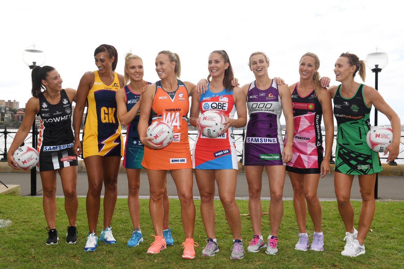 Captains of the eight Super Netball teams at the competition launch in February. Photo: AAP/Paul Miller