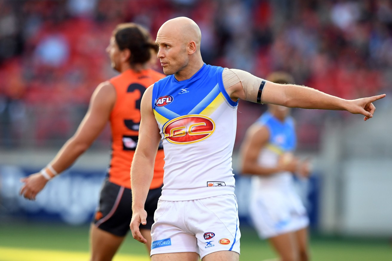 A low-key celebration for Gary Ablett, after he kicked a goal against GWS - a rare highlight in a dour match for the Suns. Photo: Paul Miller / AAP