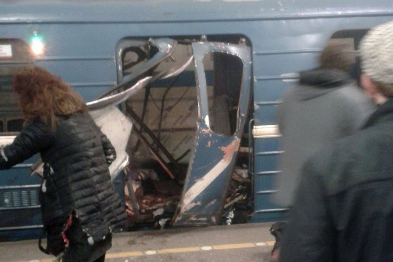 A damaged train pictured shortly after an explosion in the St Petersburg subway. Photo: EPA/megapolisonline.ru