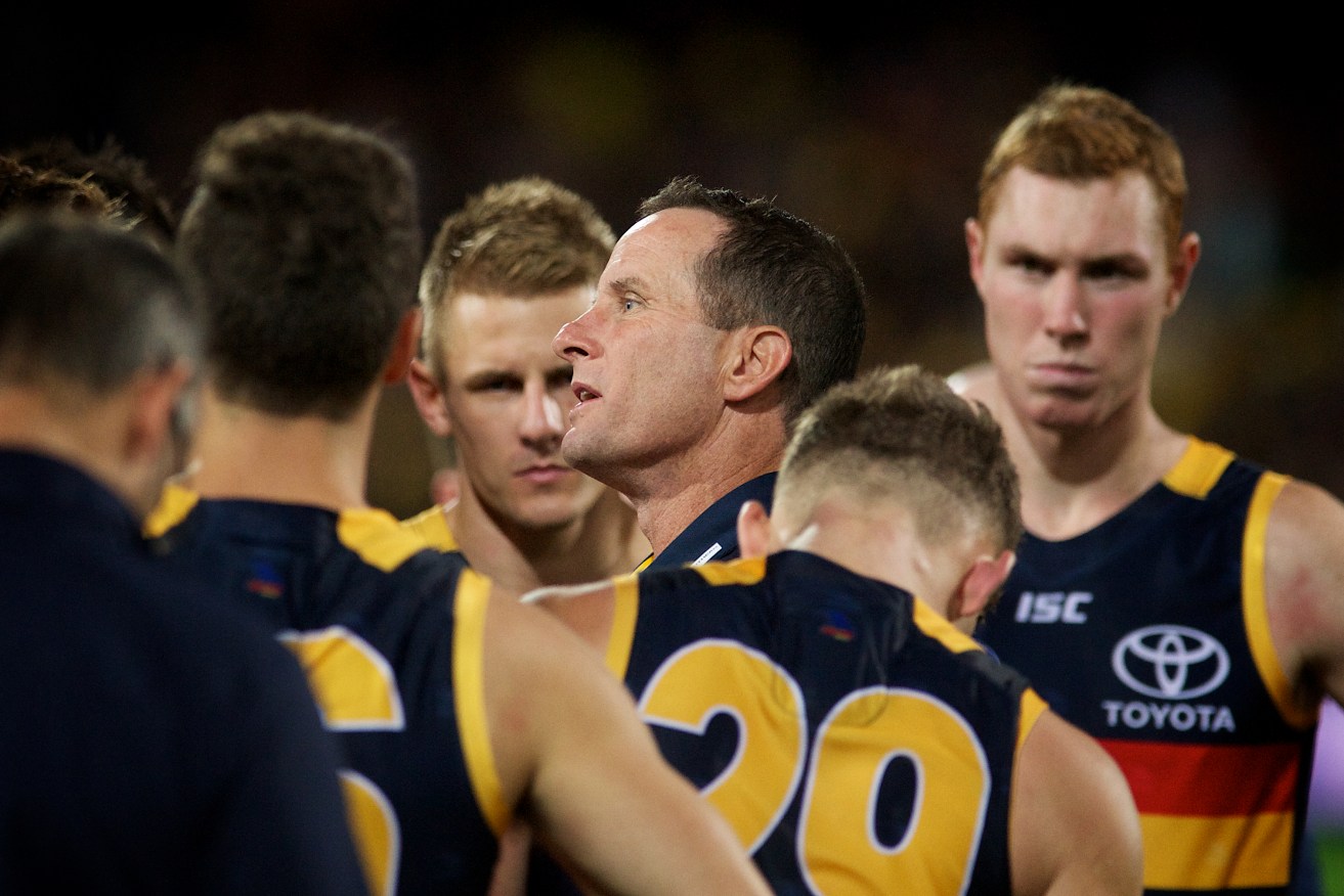 Don Pyke addresses his motley bunch of canny trades and middle-tier draft selections, who now sit on top of the AFL ladder. Photo: Michael Errey / InDaily