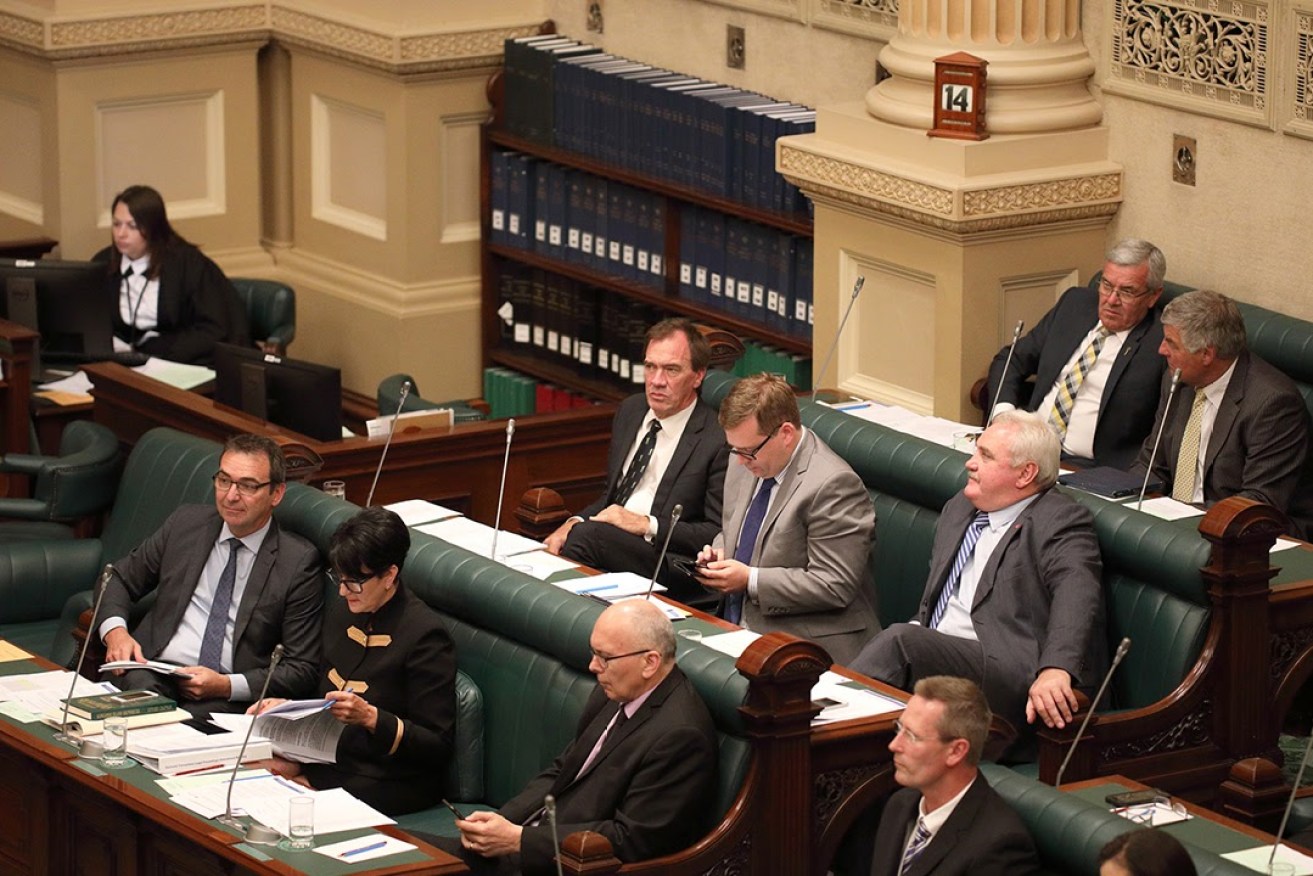 Duncan McFetridge (back row, left), who was banished to the farthest reaches of the backbench in January, will now sit on the crossbenches after quitting the Liberal Party. Photo: Tony Lewis / InDaily