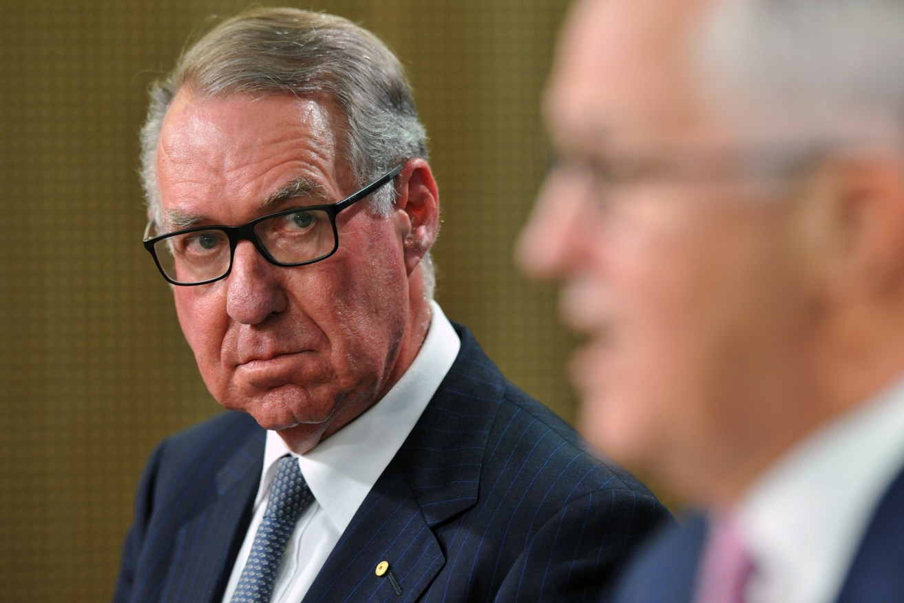 A file image of David Gonski at a press conference with Malcolm Turnbull. Photo: AAP/Joel Carrett