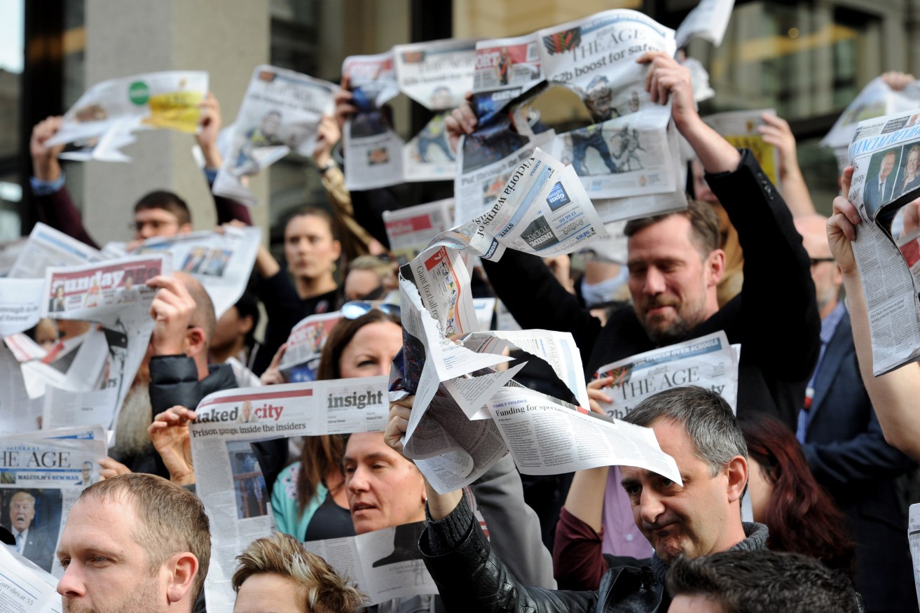 Journalists from The Age protest Fairfax's staff cuts. Photo: AAP/Joe Castro