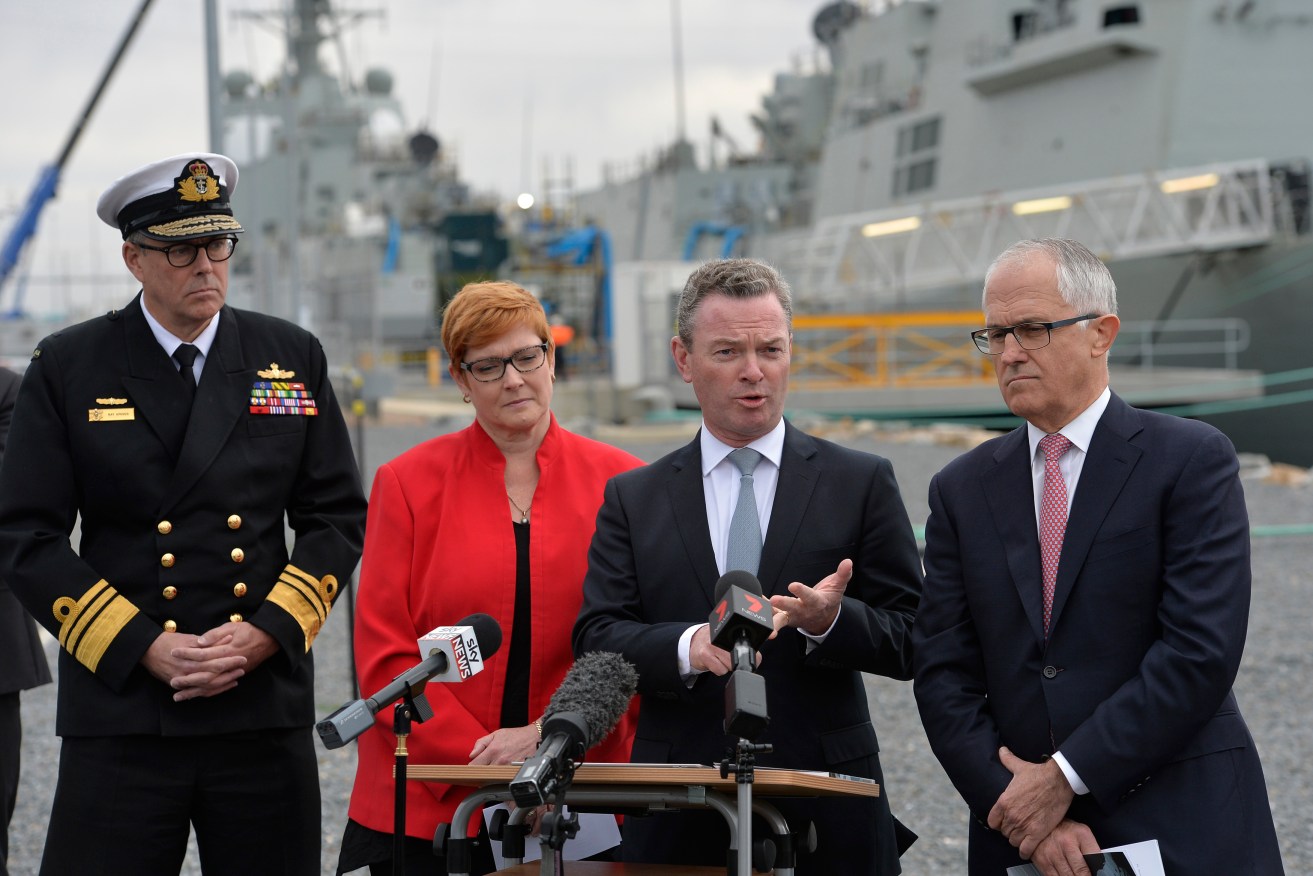 Announcing the plan at Osborne today: (from left) Acting Chief of the Defence Force Vice Admiral Ray Griggs, Defence Minister Marise Payne, Defence Industry Minister Christopher Pyne, and Prime Minister Malcolm Turnbull. Photo: AAP/David Mariuz