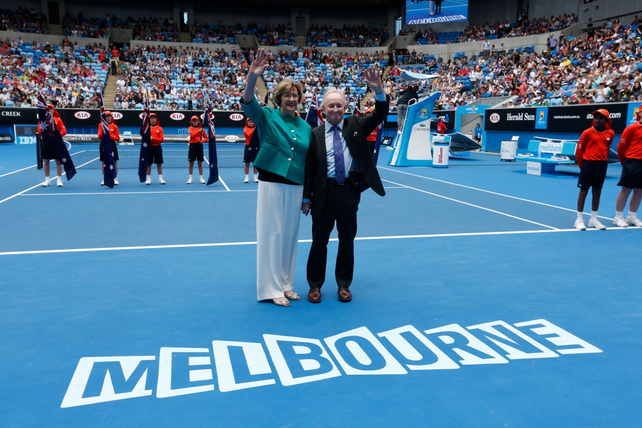 Margaret Court with Rod Laver at the launch of the remodelled Margaret Court Arena in 2015. Photo: Vincent Thian / AP