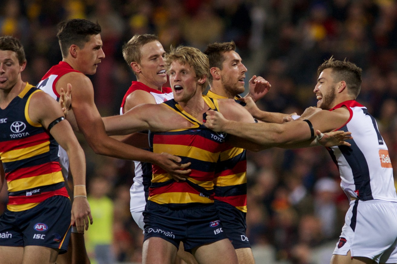 Melbourne players targeted Crows star Rory Sloane on Saturday. Photo: Michael Errey / InDaily