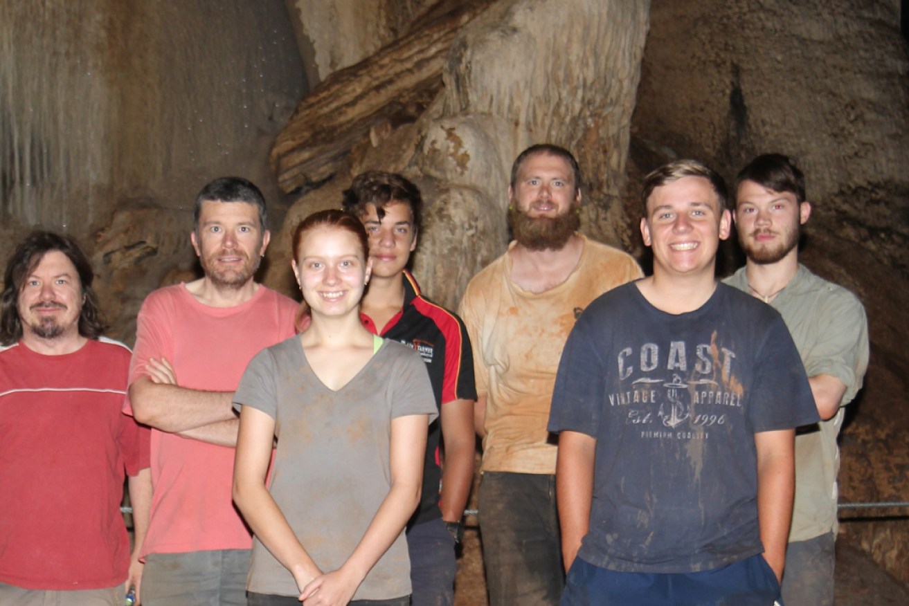 Coomandook Area School graduate Teagan Cross and Lachlan Clashom from Harvest Christian College in Kadina, front, with (left to right) Flinders University staff members Grant Gully, Professor Gavin Prideaux, Caritas College Port Augusta student Stephen Anderson and Flinders researchers Sam Arman and Jacob van Zoelen at the Wellington Caves in NSW.