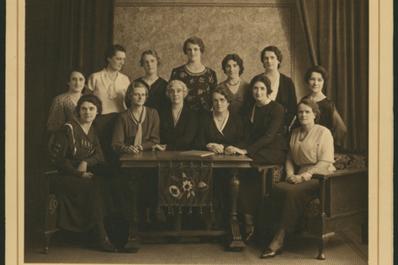 Members of the S.A. Women's Police Force in 1934: front: l-r: Melva Harris, Daisy Rose Curtis, Fanny Kate Boadicea Cocks, Maud Mary Wilcher (Mrs), Mary J. Poole, Margaret Ottoway. Back: Ethel Frances Gleeson, Mary A. McCarthy, Isobel Eunson, Jean Campbell, Adeline Williams, Constance McGrath, Maude Priest. Photo: State Library of South Australia