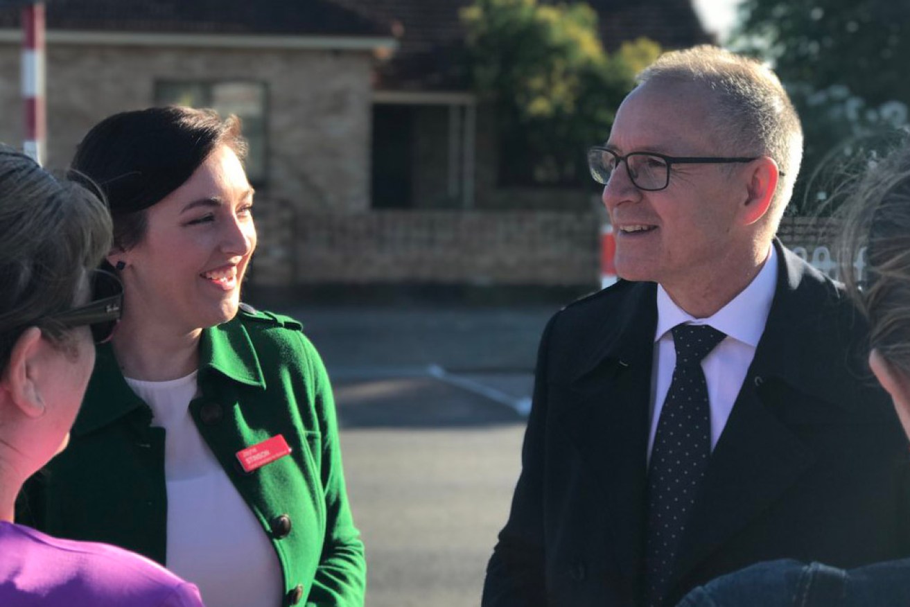 Victim Support Service chair Jayne Stinson campaigning with Premier Jay Weatherill this week. Photo: Twitter, via @jayweatherill