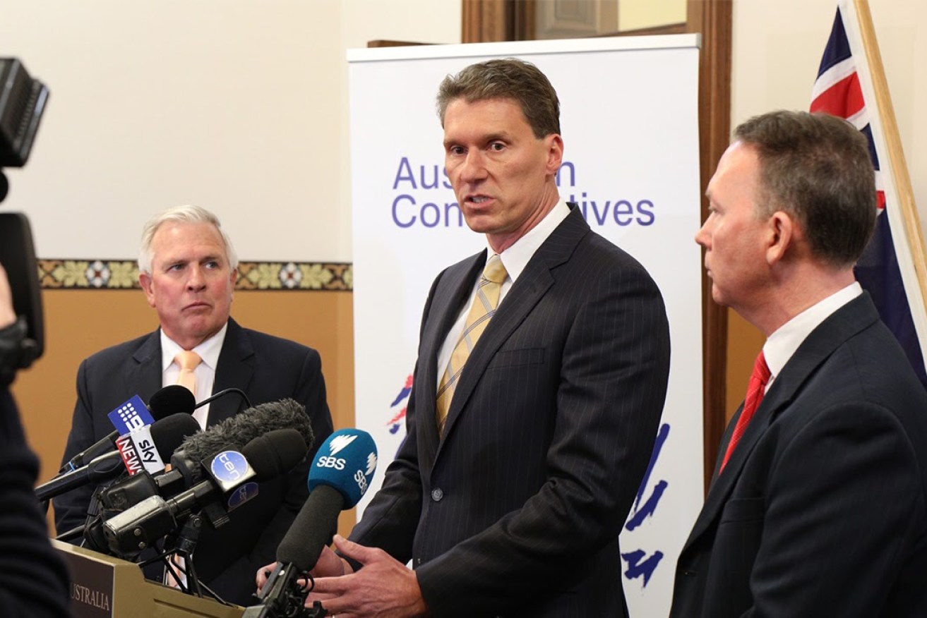 Brokenshire, left, with Australian Conservatives Cory Bernardi and Dennis Hood. Photo: Tony Lewis / InDaily