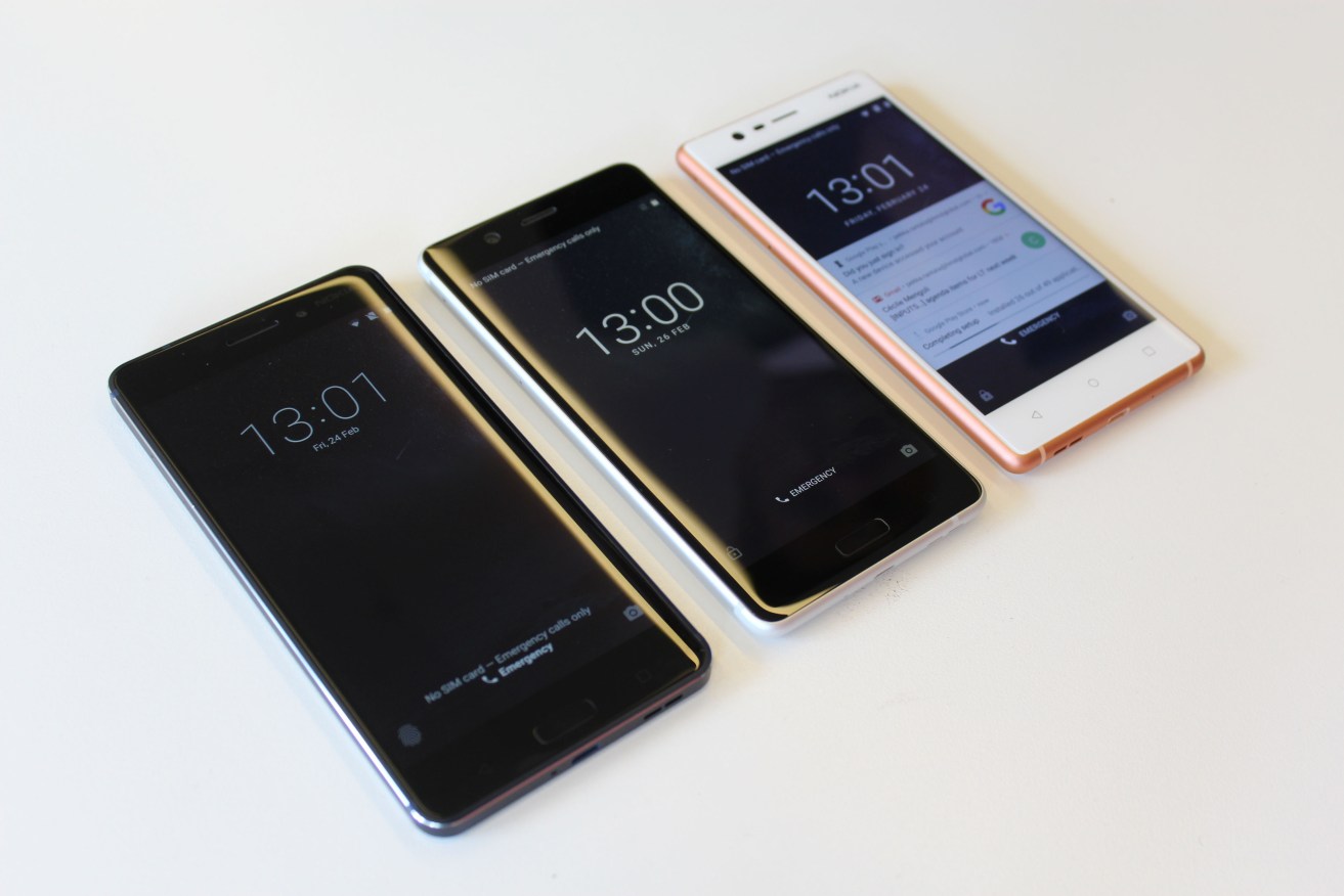 From left:  the Nokia 6, 5 and 3 on show at the Mobile World Congress in Barcelona in February. Photo: Martin Landi/PA Wire